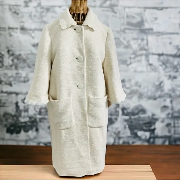 Kate Spade New York Cream Textured Scallop Trim Coat Size 10 Elegant Retro Mod - Picture 2 of 16